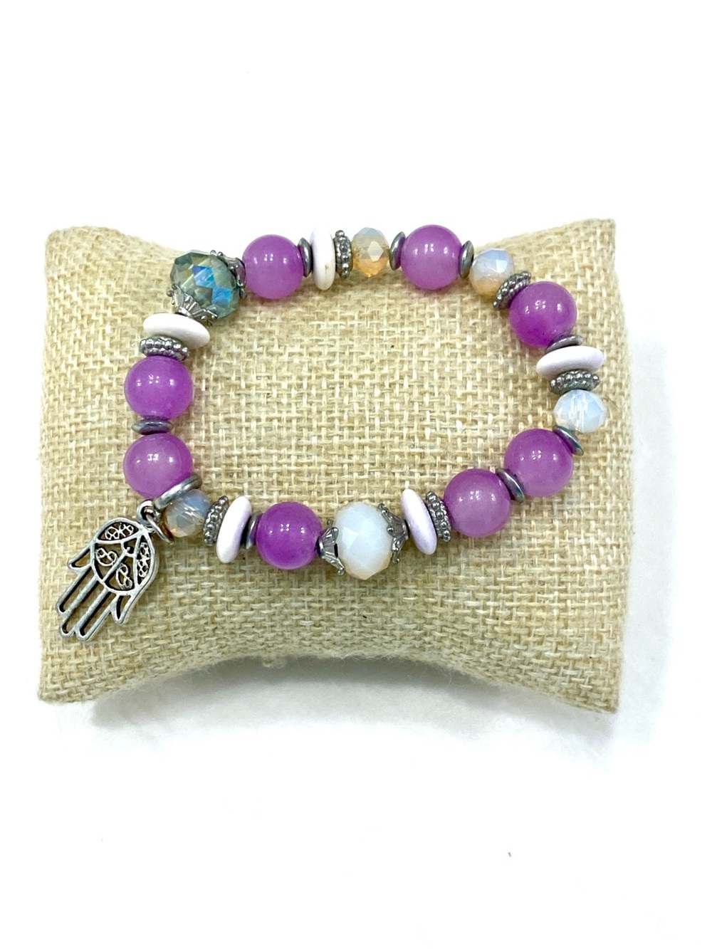 Purple Beaded Hamsa Charm Stretch Bracelet